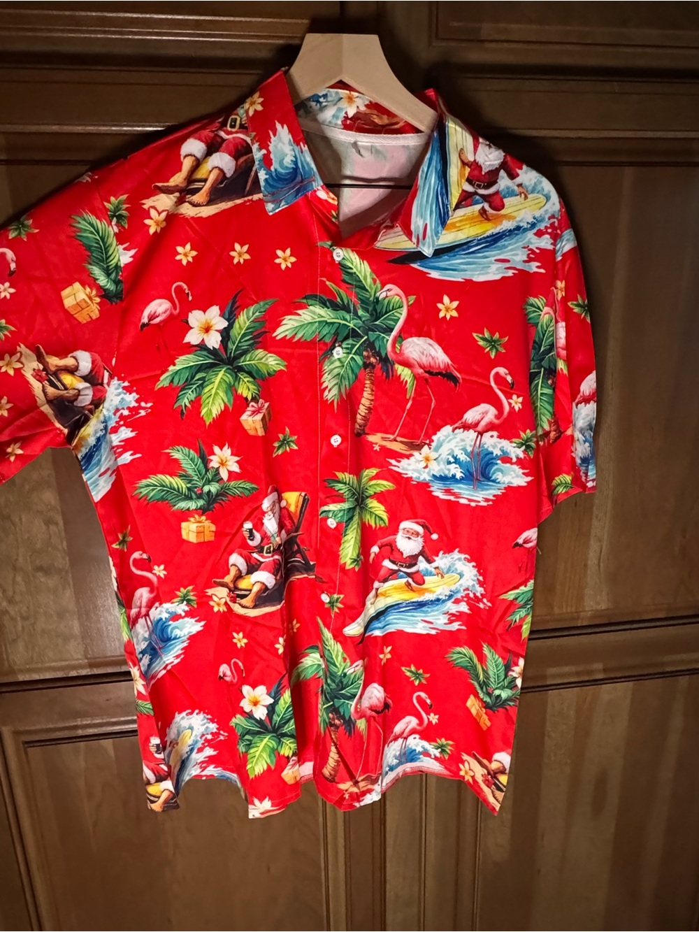 Red Hawaiian Shirt with Tropical Santa & Flamingo Print